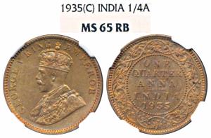 George V, Copper ¼ Anna, 1935, Calcutta Mint (Prid 675). Graded by NGC MS65RB.