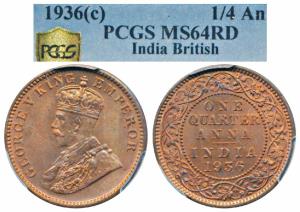 George V, Copper ¼ Anna, 1936, Calcutta Mint (Prid 676). Graded by PCGS MS64RD.