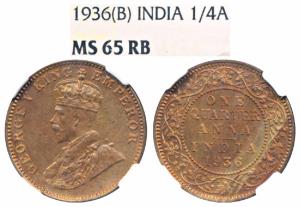 George V, Copper ¼ Anna, 1936, Bombay Mint (Prid 683). Graded by NGC MS65RB.