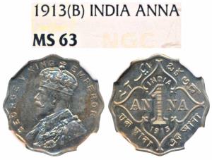 George V, Cupro-Nickel Anna, 1913, Bombay Mint (Prid 943). Graded by NGC MS63.