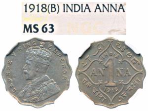 George V, Cupro-Nickel Anna, 1918, Bombay Mint (Prid 948). Graded by NGC MS63.