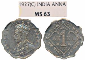 George V, Cupro-Nickel Anna, 1927, Calcutta Mint (Prid 933). Graded by NGC MS63.