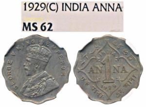 George V, Cupro-Nickel Anna, 1929, Calcutta Mint (Prid 935). Graded by NGC MS62.
