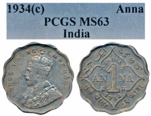 George V, Cupro-Nickel Anna, 1934, Calcutta Mint (Prid 938). Graded by PCGS MS63.