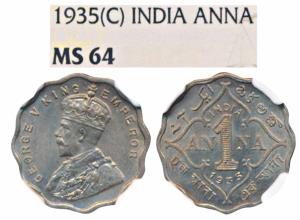 George V, Cupro-Nickel Anna, 1935, Calcutta Mint (Prid 939). Graded by NGC MS64.