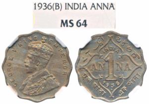 George V, Cupro-Nickel Anna, 1936, Bombay Mint (Prid 958). Graded by NGC MS64.