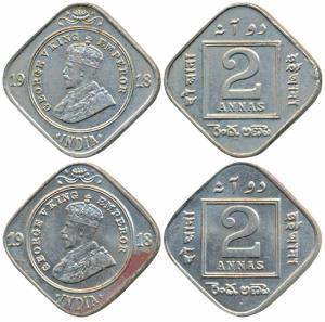 George V, Cupro-Nickel 2 Annas, 1918, Calcutta Mint & Bombay Mint (Prid 880 & 894). About 