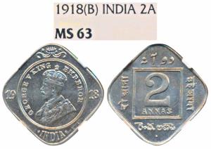 George V, Cupro-Nickel 2 Annas, 1918, Bombay Mint (Prid 894). Graded by NGC MS63.