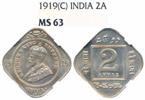 George V, Cupro-Nickel 2 Annas, 1919, Calcutta Mint (Prid 881). Graded by NGC MS63.