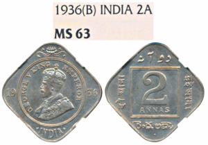 George V, Cupro-Nickel 2 Annas, 1936, Bombay Mint (Prid 903). Graded by NGC MS63.