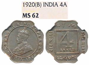 George V, Cupro-Nickel 4 Annas, 1920, Bombay Mint (Prid 878). Graded by NGC MS62.