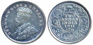 George V, Silver 2 Annas, 1911, Calcutta Mint (Prid 564). About Uncirculated.