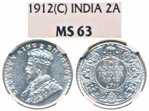 George V, Silver 2 Annas, 1912, Calcutta Mint (Prid 565). Graded by NGC MS63.