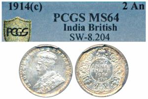 George V, Silver 2 Annas, 1914, Calcutta Mint (Prid 567). Graded by PCGS MS64.