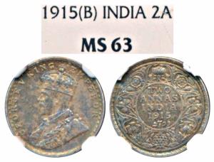 George V, Silver 2 Annas, 1915, Bombay Mint (Prid 574). Graded by NGC MS63.