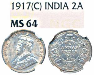 George V, Silver 2 Annas, 1917, Calcutta Mint (Prid 570). Graded by NGC MS64.