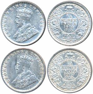 George V, Silver ¼ Rupee (2), 1914 & 1917, Calcutta Mint (Prid 443 & 446). Extremely Fine 