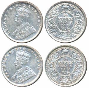 George V, Silver ¼ Rupee (2), 1918 & 1919, Calcutta Mint (Prid 447 & 448). Extremely Fine.