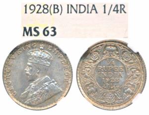 George V, Silver ¼ Rupee, 1928, Bombay Mint (Prid 459). Graded by NGC MS63.