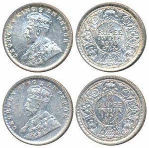 George V, Silver ¼ Rupee (2), 1930 & 1934, Calcutta Mint (Prid 451 & 452). Uncirculated. (