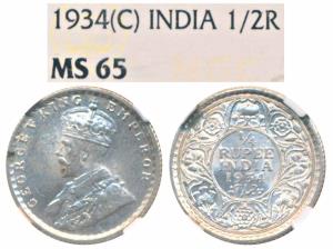 George V, Silver ¼ Rupee, 1934, Calcutta Mint (Prid 452). Graded by NGC MS65. According to
