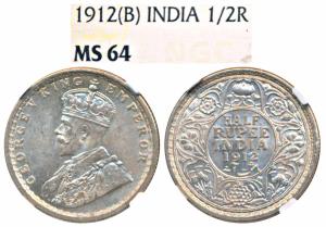 George V, Silver ½ Rupee, 1912, Bombay Mint (Prid 336). Graded by NGC MS64.