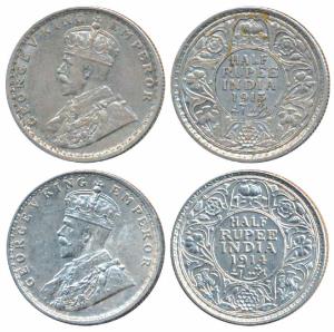 George V, Silver ½ Rupee, 1913, Calcutta Mint (Prid 320); 1914, Bombay Mint (Prid 338). Ve