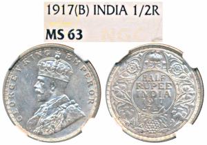 George V, Silver ½ Rupee, 1917, Bombay Mint (Prid 341). Graded by NGC MS63.