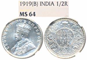 George V, Silver ½ Rupee, 1919, Bombay Mint (Prid 343). Graded by NGC MS64.