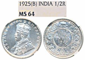 George V, Silver ½ Rupee, 1925, Bombay Mint (Prid 347). Graded by NGC MS64.