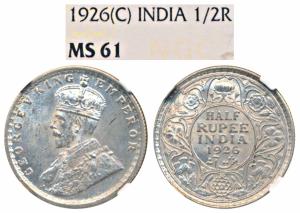 George V, Silver ½ Rupee, 1926, Calcutta Mint (Prid 329). Graded by NGC MS61.