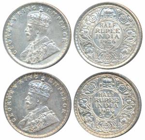 George V, Silver ½ Rupee, 1926 Calcutta Mint (Prid 329); 1926, Bombay Mint (Prid 348). Ext