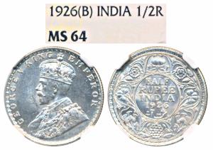 George V, Silver ½ Rupee, 1926, Bombay Mint (Prid 348). Graded by NGC MS64.