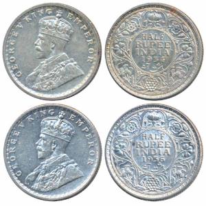 George V, Silver ½ Rupee, 1934 & 1936, Calcutta Mint (Prid 334 & 335). About Uncirculated.