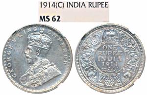 George V, Silver Rupee, 1914, Calcutta Mint (Prid 210). Graded by NGC MS62.
