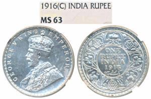 George V, Silver Rupee, 1916, Calcutta Mint (Prid 212). Graded by NGC MS63.