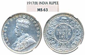 George V, Silver Rupee, 1917, Bombay Mint (Prid 223). Graded by NGC MS63.