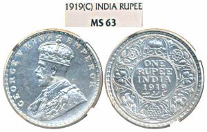 George V, Silver Rupee, 1919, Calcutta Mint (Prid 215). Graded by NGC MS63.