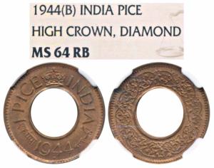 George VI, Copper Pice, 1944, Bombay Mint, High Crown, Diamond (Prid 701). Graded by NGC M