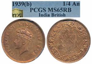 George VI, Copper ¼ Anna, 1939, Bombay Mint, Head type I (Prid 690). Graded by PCGS MS65RB