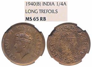 George VI, Copper ¼ Anna, 1940, Bombay Mint, Head type I (Prid 691). Graded by NGC MS65RB.