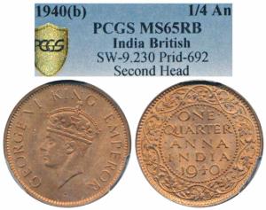 George VI, Copper ¼ Anna, 1940, Bombay Mint, Head type II (Prid 692). Graded by PCGS MS65R