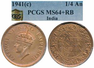 George VI, Copper ¼ Anna, 1941, Calcutta Mint Head type II (Prid 687). Graded by PCGS MS64