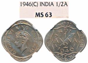 George VI, Copper ½ Anna, 1946, Calcutta Mint (Prid 987). Graded by NGC MS63.