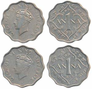 George VI, Cupro-Nickel Anna, 1938, Calcutta Mint (Prid 959); 1938, Bombay Mint (Prid 971)