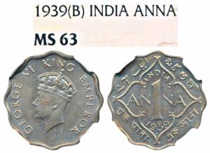 George VI, Cupro-Nickel Anna, 1939, Bombay Mint, Head type I (Prid 972). Graded by NGC MS6