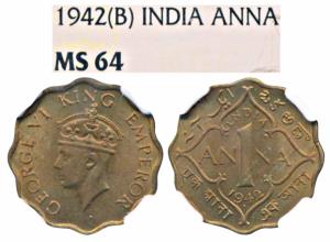 George VI, Nickel-Brass Anna, 1942, Bombay Mint, Head type II (Prid 976). Graded by NGC MS