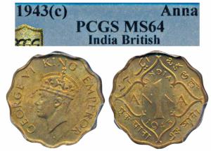George VI, Nickel-Brass Anna, 1943, Calcutta Mint, Head type II (Prid 965). Graded by PCGS