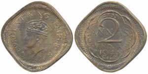 George VI, Nickel-Brass 2 Annas, 1944, Lahore Mint, Large 4, L in Quatrefoil (Prid 908). V