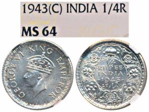 George VI, Half Silver ¼ Rupee, 1943, Calcutta Mint, rev. Ia / No dot (Prid 475). Graded b